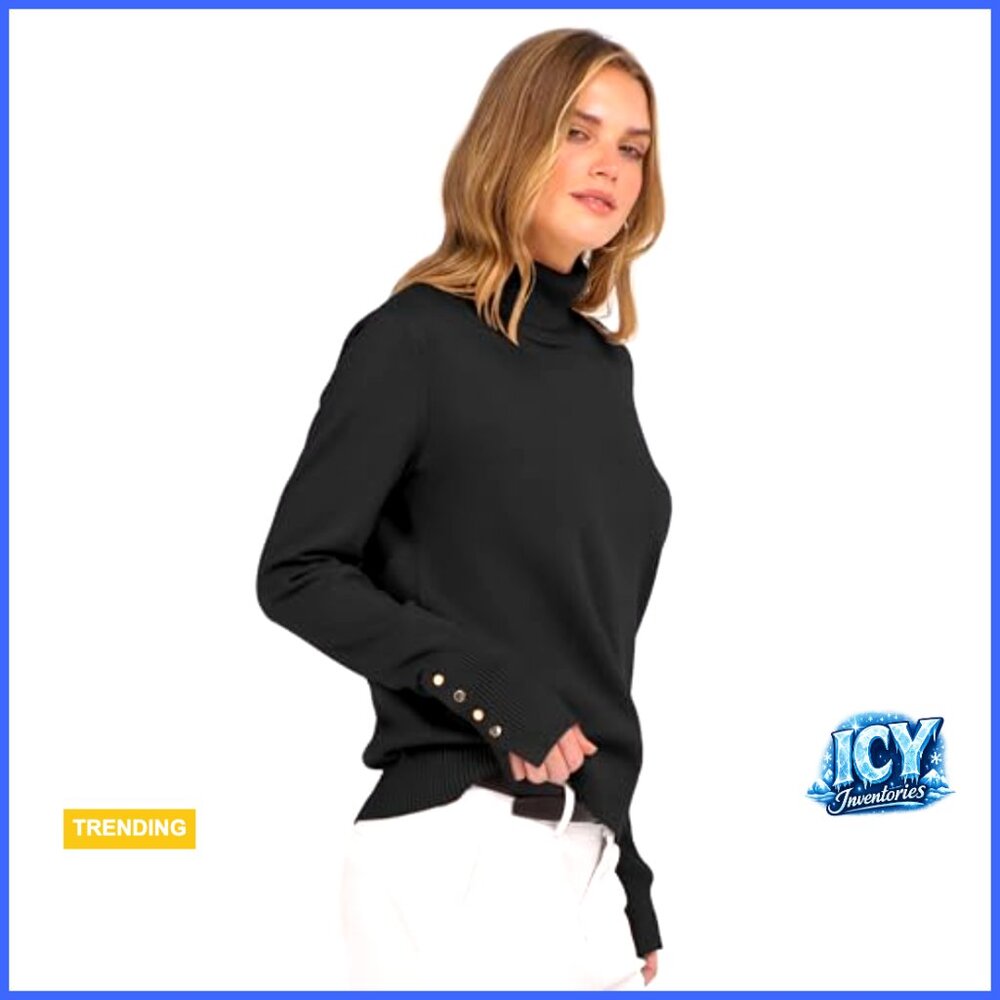 Turtleneck Pullover Sweater Long Sleeve Button Cuff Soft Knitted Top - Picture 5 of 7